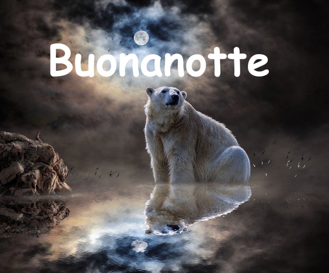 fotomontaggio di un orso polare che si riflette nell'acqua sotto la luce lunare 